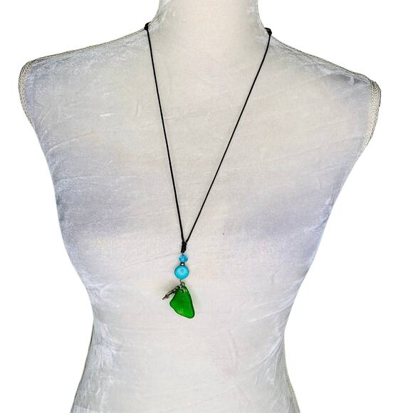 Seaglass Turtle Turquoise Necklace Adjustable Rope - Picture 1 of 10